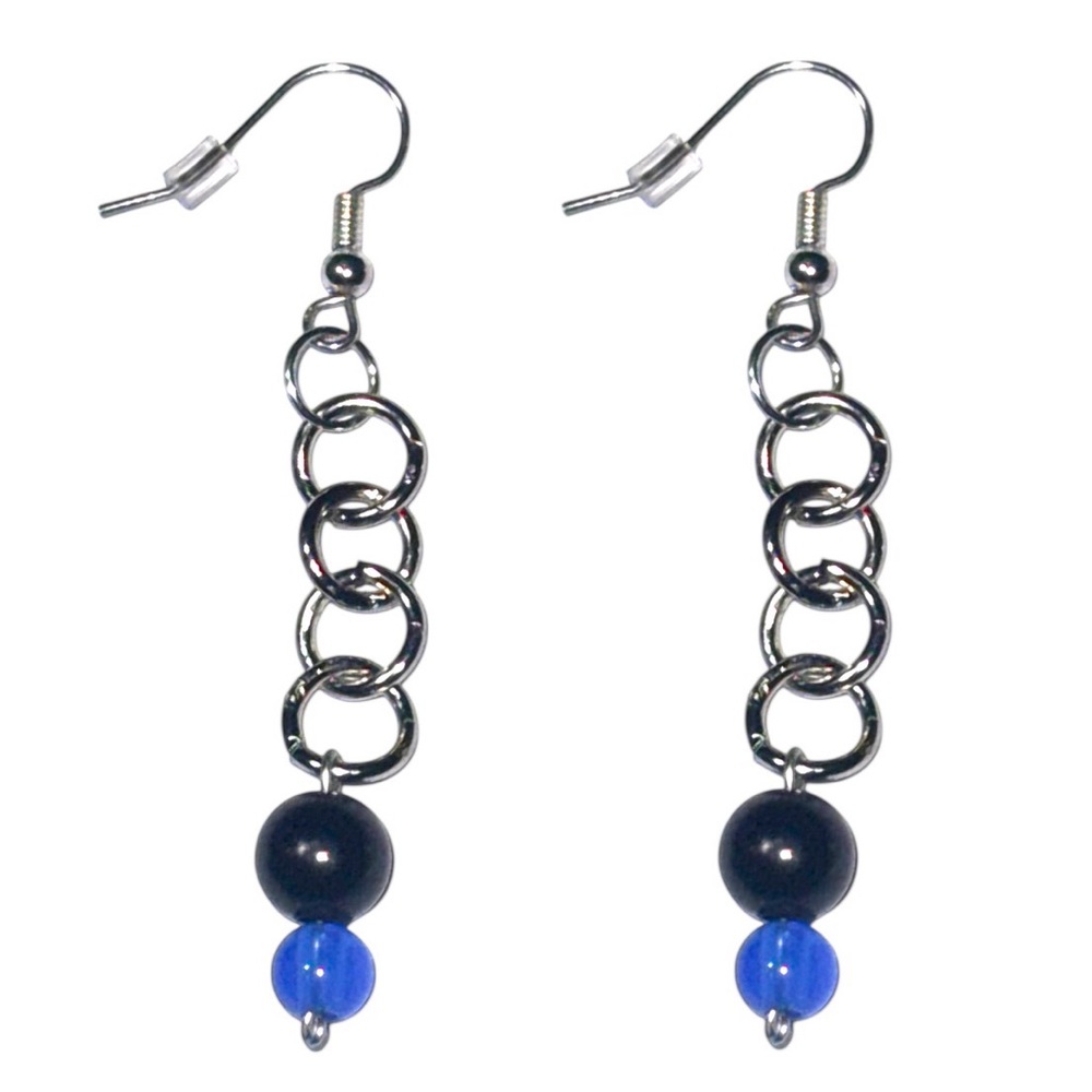 3 FOR $20 HANDCRAFTED Silver-Tone Chain Dangle Earrings Black & Blue Glass Beads